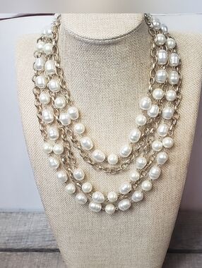 CHICO'S Multi-Strand  Goldtone & Faux Pearl Dramatic Necklace